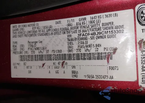 2012 Ford Fiesta Se из США, поврежденный, VIN 3FADP4BJ9CM153302